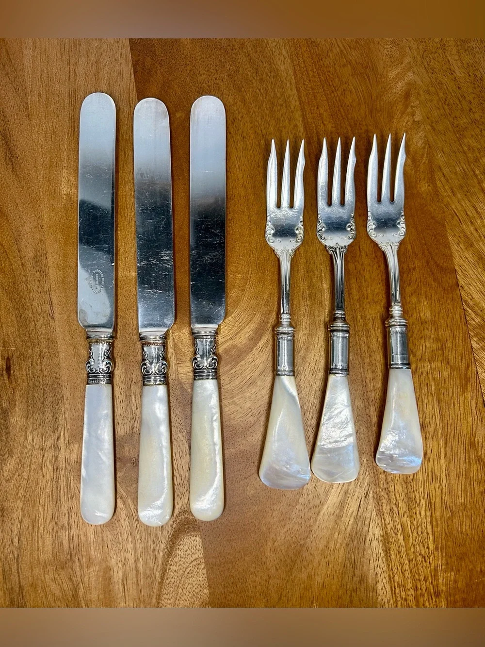 Antique Mother of Pearl Dessert Set | Sterling Silver Sheffield Knives Forks